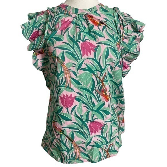 Banjanan Tops - Banjanan Pink Tropical Print Cotton XS Top with Cap Ruffle Sleeves